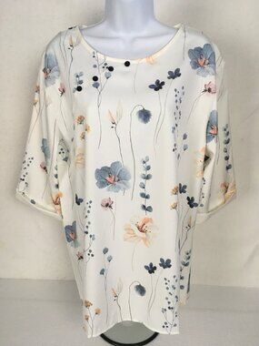 Top Women Size XL Cream w Blue Pink Yellow Flowers 3/4 Sleeves Round Neck New